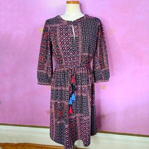 LOFT Dress Womens Medium Patchwork Feminine Boho Floral Print Tassel Tie Waist